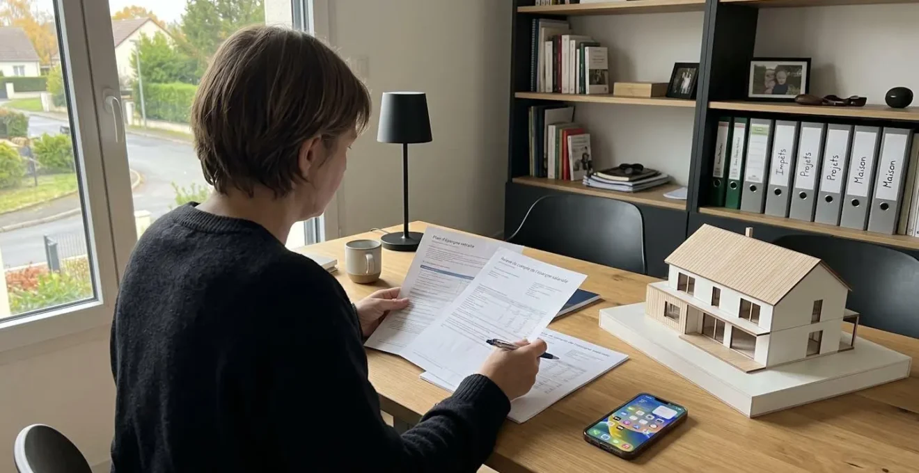 Personne de dos consultant des documents financiers et une maquette architecturale sur un bureau contemporain