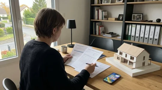 Personne de dos consultant des documents financiers et une maquette architecturale sur un bureau contemporain