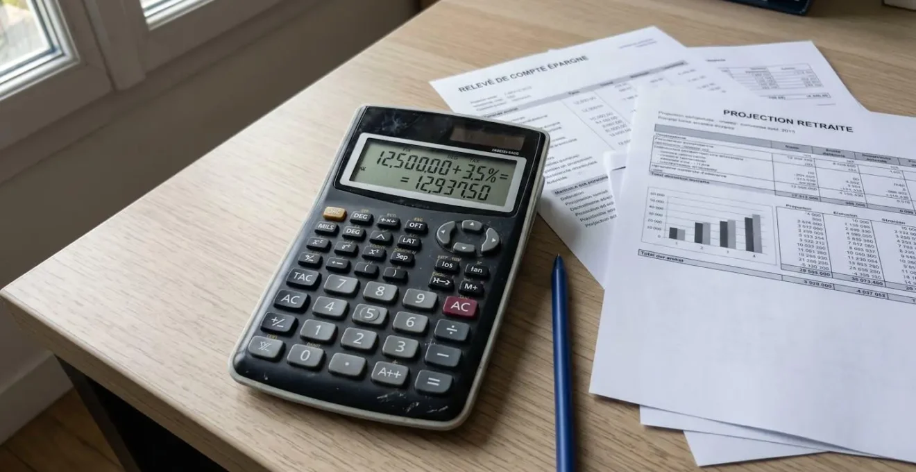 Gros plan sur une calculatrice financière et des documents d'épargne retraite sur un bureau moderne