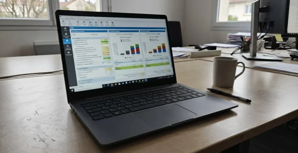 Écran d'ordinateur portable affichant un tableau de comparaison financière entre options d'épargne Écran d'ordinateur portable affichant un tableau de comparaison financière entre options d'épargne