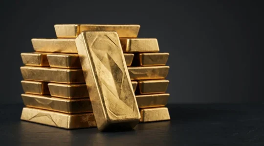 Lingots d'or certifiés LBMA sur fond neutre avec éclairage professionnel
