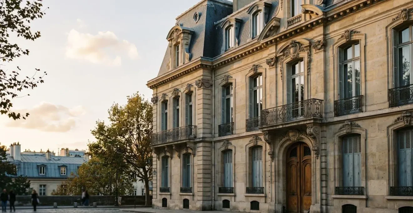 Façade élégante d'un bâtiment historique français avec détails architecturaux classiques