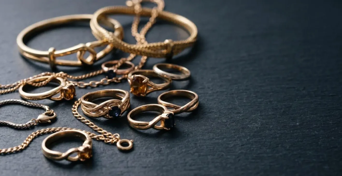 Bijoux en or disposés sur une surface élégante représentant le dilemme entre investissement et plaisir