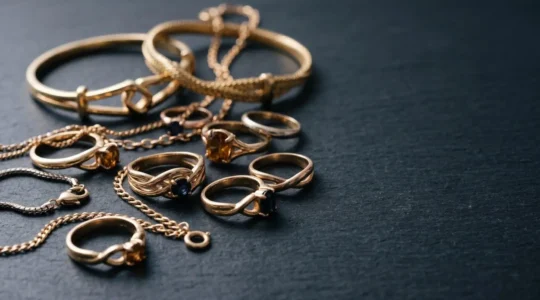 Bijoux en or disposés sur une surface élégante représentant le dilemme entre investissement et plaisir