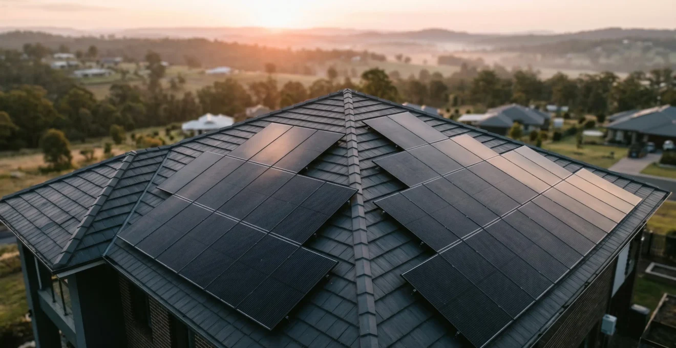 Vue aérienne d'une toiture résidentielle équipée de panneaux photovoltaïques sous un ciel dégagé, illustrant un investissement solaire
