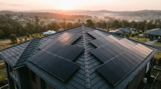 Vue aérienne d'une toiture résidentielle équipée de panneaux photovoltaïques sous un ciel dégagé, illustrant un investissement solaire