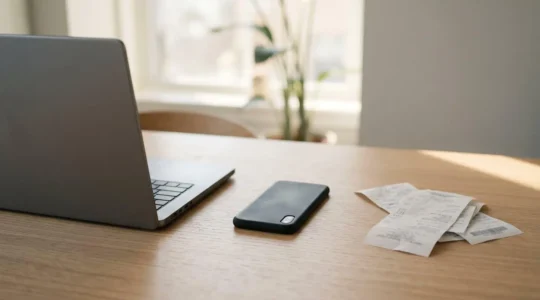 Scène éditoriale montrant une composition minimaliste évoquant les économies sur achats en ligne et codes promotionnels