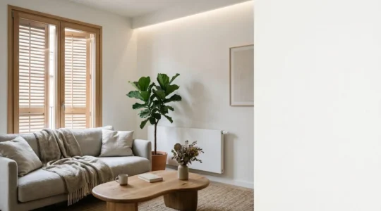 Vue d'ensemble d'un intérieur de maison moderne et chaleureux avec équipements économes en énergie