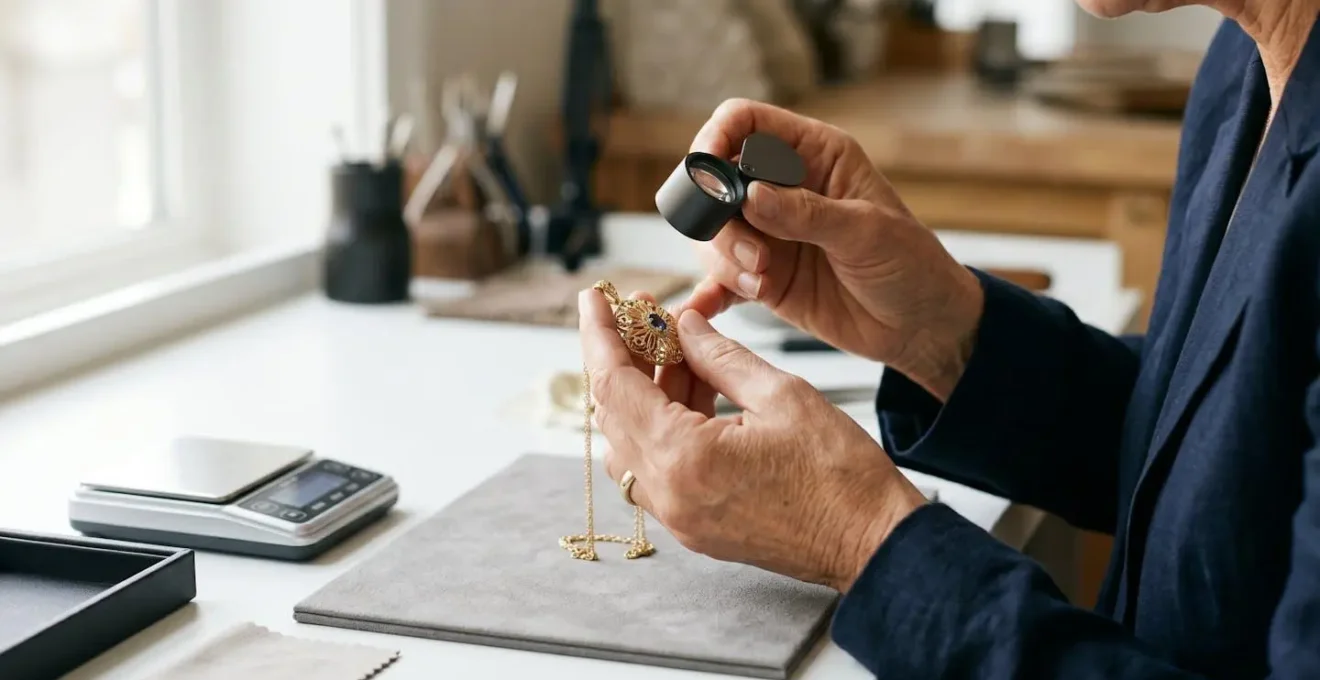 Évaluation professionnelle de bijoux en or avec balance de précision et loupe