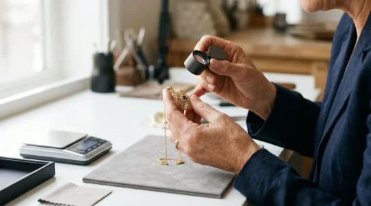 Évaluation professionnelle de bijoux en or avec balance de précision et loupe