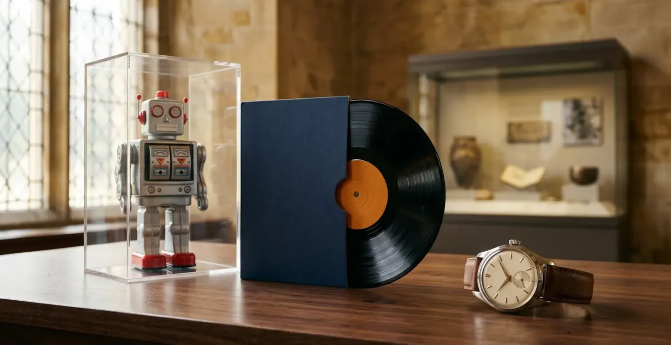 Collection d'objets vintage soigneusement disposés sur une surface texturée, illustrant l'investissement dans les objets de collection