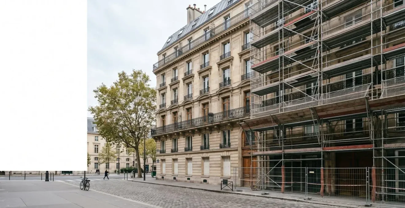 Façade d'immeuble ancien en cours de rénovation avec échafaudages et matériaux de construction