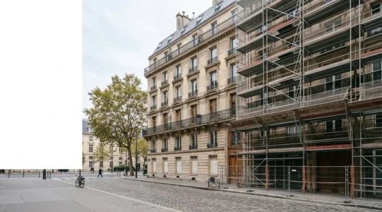 Façade d'immeuble ancien en cours de rénovation avec échafaudages et matériaux de construction