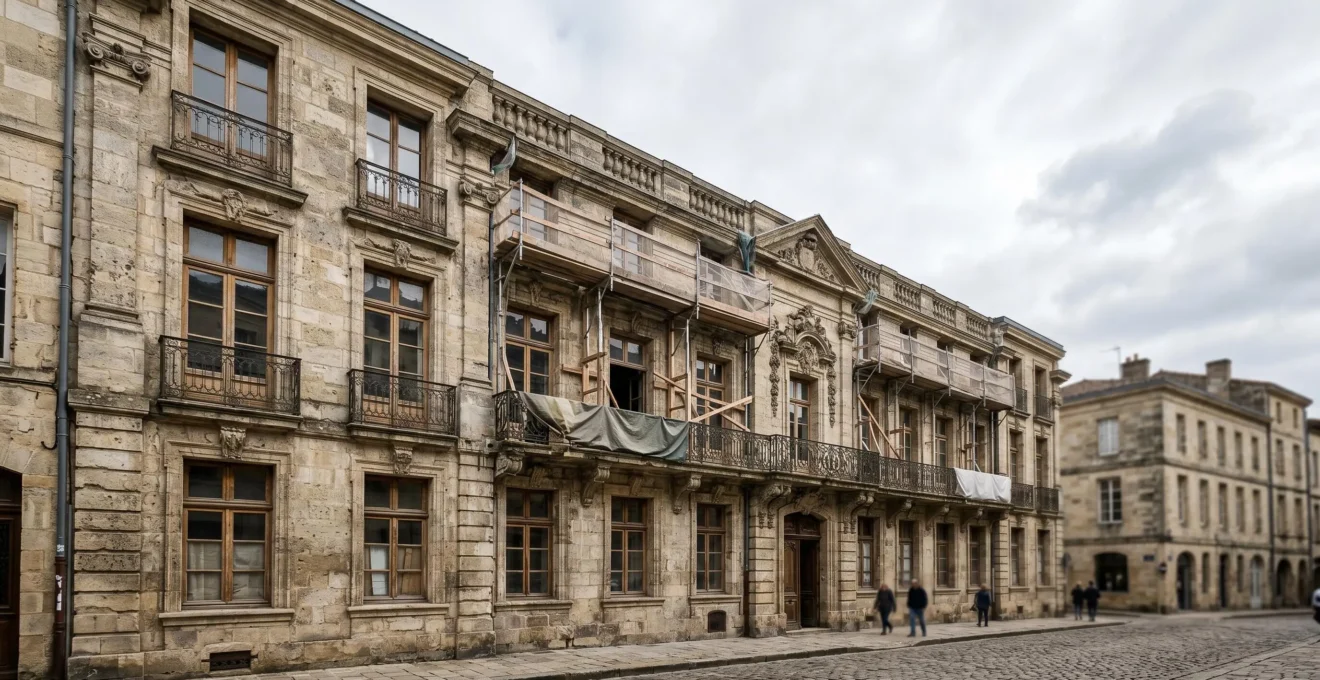 Façade d'immeuble ancien en pierre de taille dans un quartier historique français en cours de restauration