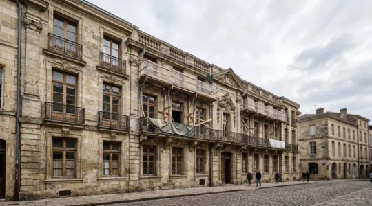 Façade d'immeuble ancien en pierre de taille dans un quartier historique français en cours de restauration