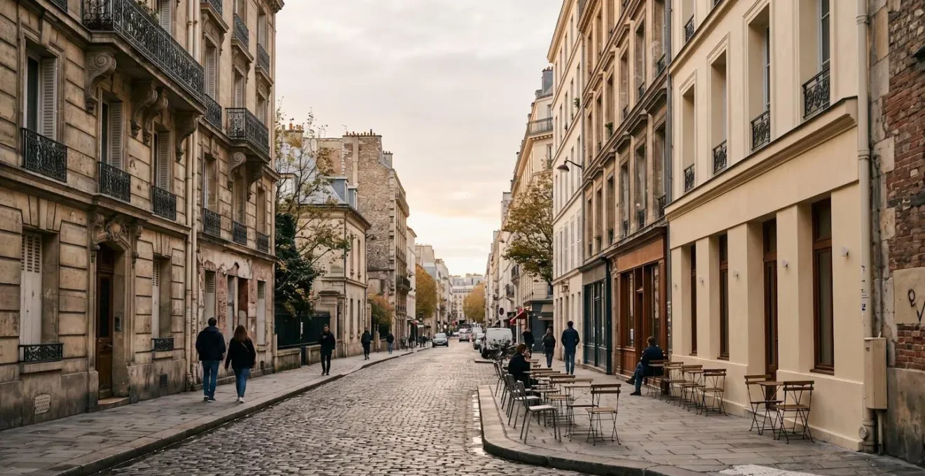 Rue urbaine en transformation avec architecture ancienne rénovée et espaces publics modernes
