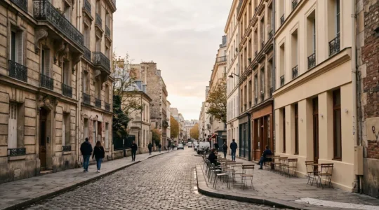 Rue urbaine en transformation avec architecture ancienne rénovée et espaces publics modernes