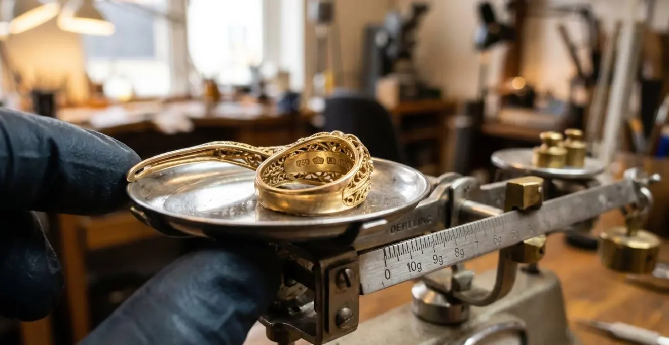 Évaluation professionnelle de bijoux en or et argent sur balance de précision dans un environnement de comptoir professionnel