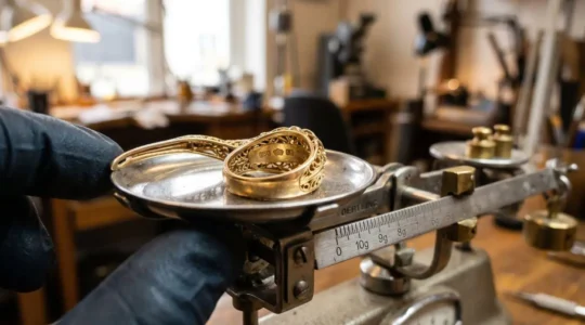 Évaluation professionnelle de bijoux en or et argent sur balance de précision dans un environnement de comptoir professionnel