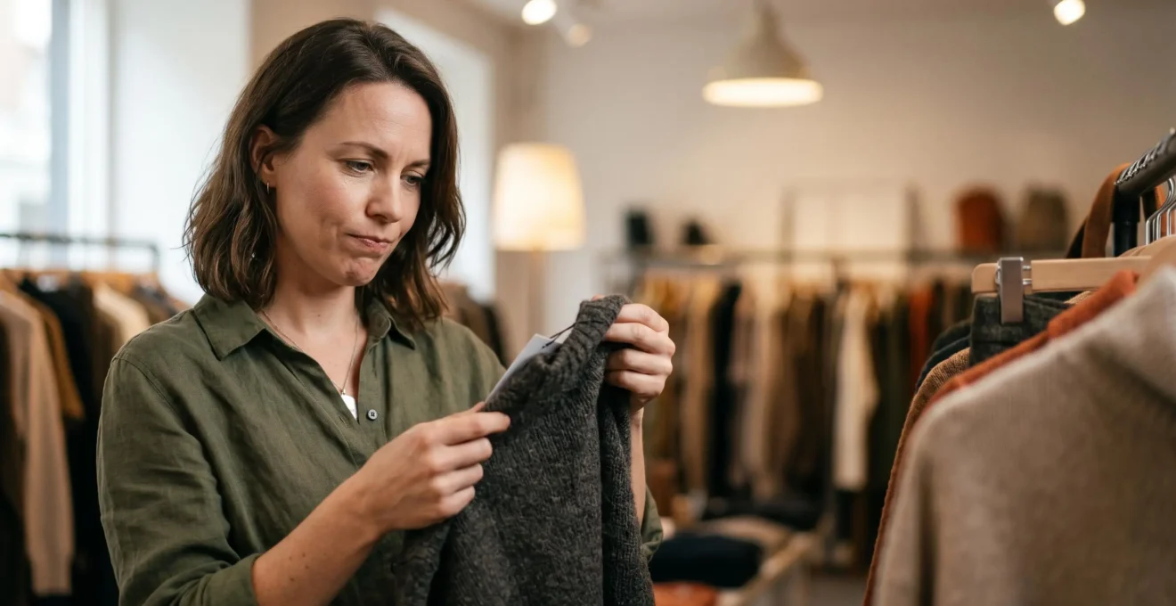 Consommateur analysant attentivement des étiquettes de prix en magasin pendant les soldes