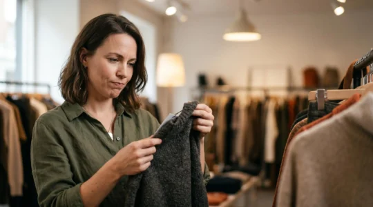 Consommateur analysant attentivement des étiquettes de prix en magasin pendant les soldes
