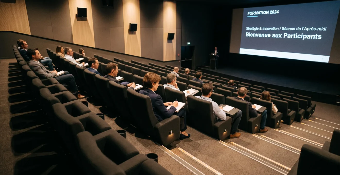 Auditorium moderne de cinéma privatisé pour séminaire professionnel, avec gradins et fauteuils confortables disposés en étages, grand écran affichant une présentation corporate en français, quelques participants attentifs au loin, lumière d'ambiance professionnelle chaude