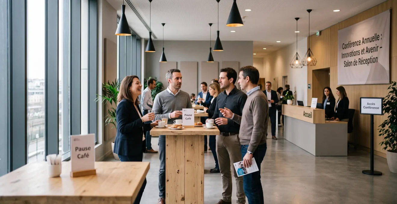 Espace de réception moderne avec tables hautes design, éclairage suspendu contemporain, quelques professionnels en discussion informelle lors d'une pause séminaire, lumière naturelle douce