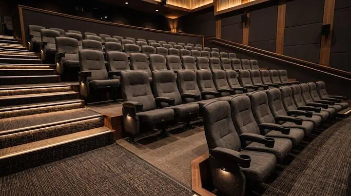 Vue latérale des gradins d'un auditorium avec 4-5 rangées de fauteuils de cinéma confortables disposés en étages ascendants, éclairage LED indirect doux intégré aux marches
