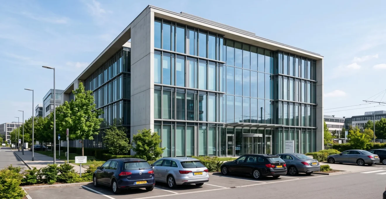 Bâtiment corporate moderne dans le quartier d'affaires de Kirchberg à Luxembourg, architecture contemporaine en verre et acier, parking au premier plan avec véhicules européens, ciel dégagé