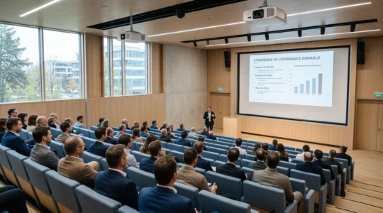 Auditorium moderne avec gradins occupés par des professionnels lors d'une session de formation, grand écran de projection visible et équipements audiovisuels de pointe