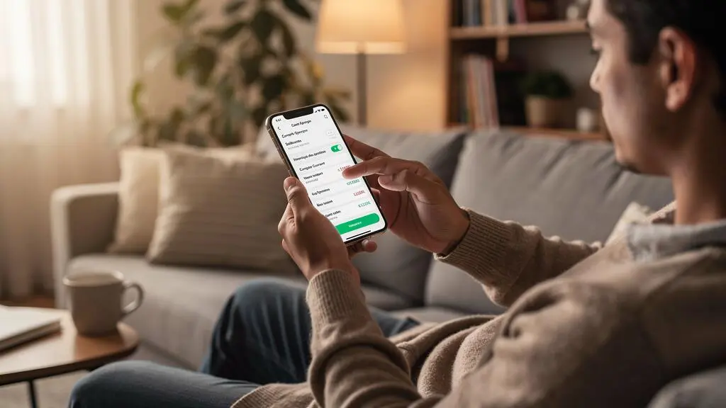 Personne consultant son compte d'épargne sur son smartphone dans son salon