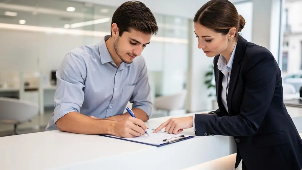 Jeune adulte signant des documents d'ouverture de compte au comptoir d'une agence bancaire moderne avec un conseiller