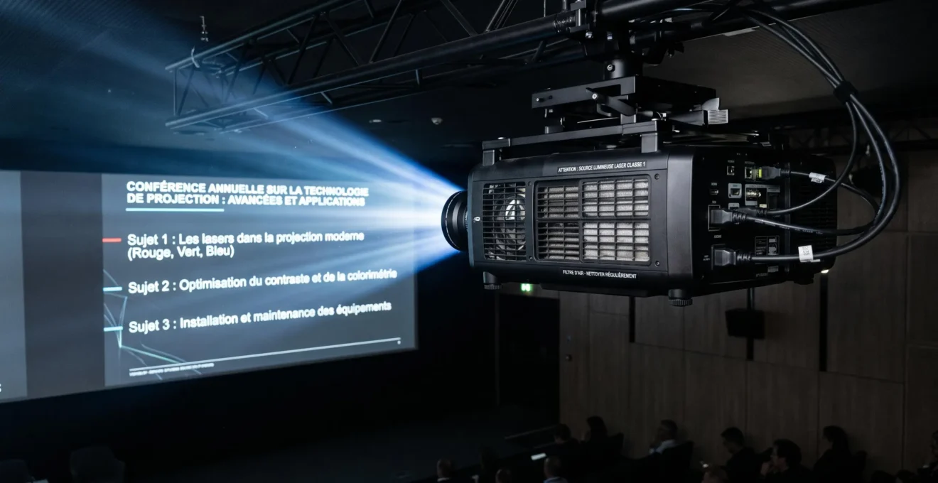 Projecteur numérique professionnel de qualité cinéma en fonctionnement dans un auditorium, projetant sur un grand écran avec faisceau lumineux visible